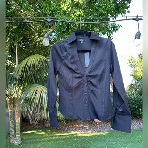 Lulu’s black satin button-up ruched top